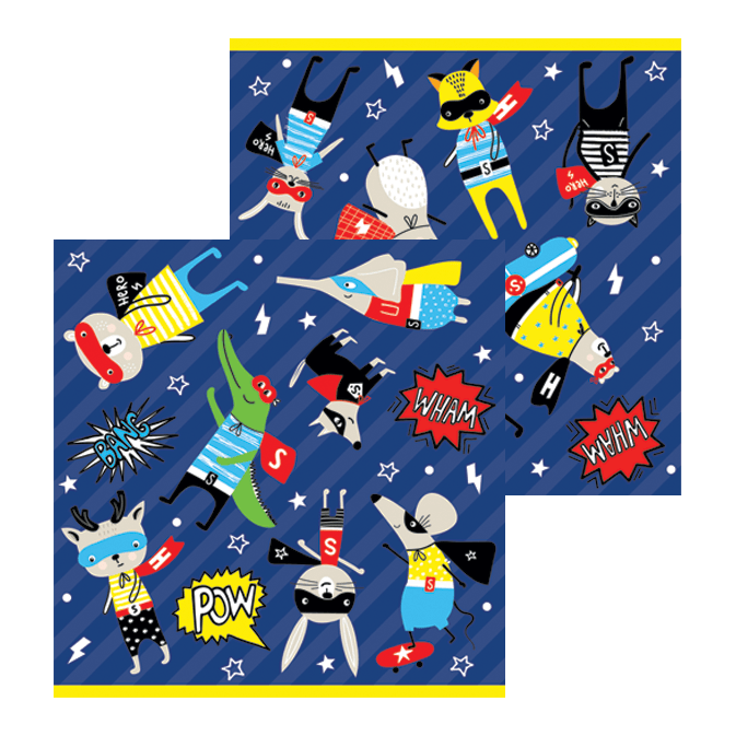 Super Hero themed napkins by Party Partners featuring colorful superhero graphics for party decoration.